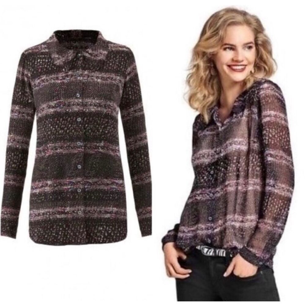 CAbi Paris Sheer Blouse #3249 Size Small Black Pink Button Down Long Sleeve Top